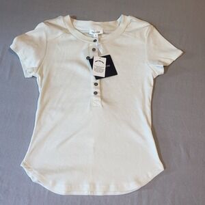 Pink Rose Women's Short Sleeve Pearl White Blouse Tops Size M NWT